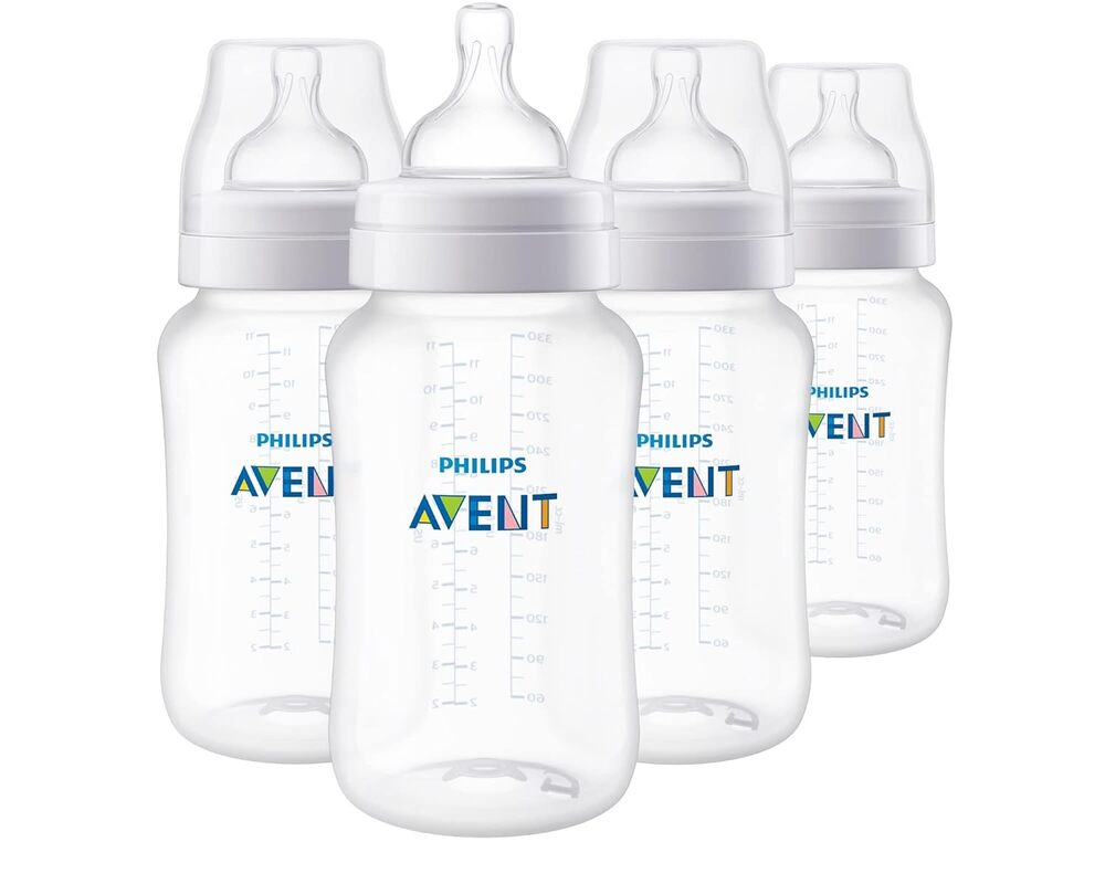 Philips Avent Anti-Colic Baby Bottles, 11oz, with Flow 3 Nipples, 3m, 4pk, Clear